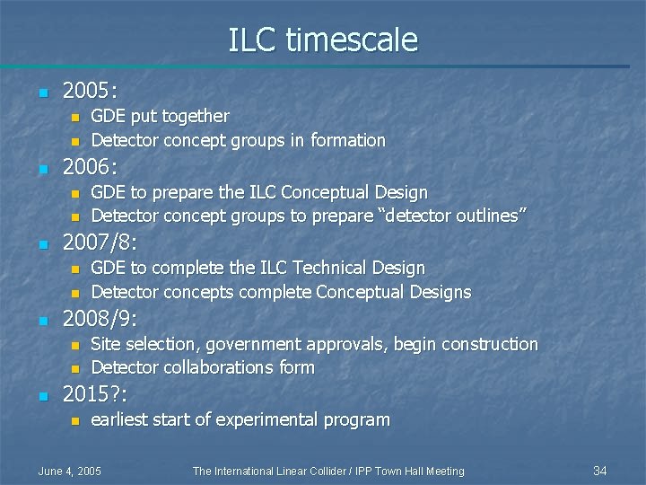 ILC timescale n 2005: n n n 2006: n n GDE to complete the