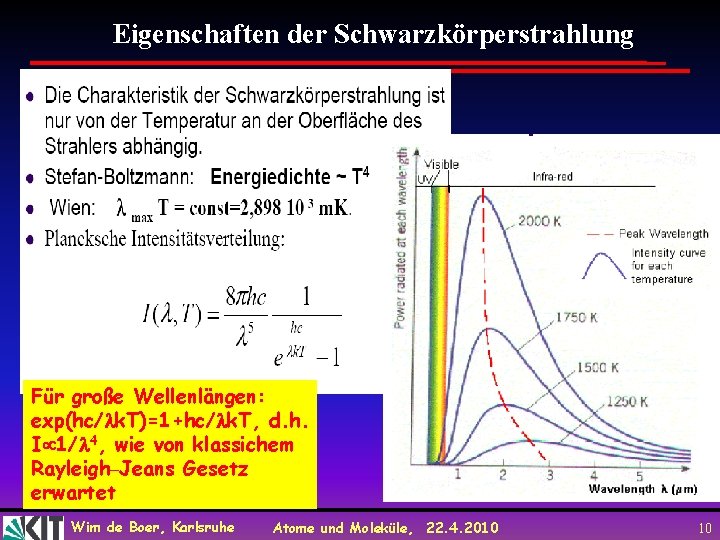 Eigenschaften der Schwarzkörperstrahlung Für große Wellenlängen: exp(hc/ k. T)=1+hc/ k. T, d. h. I