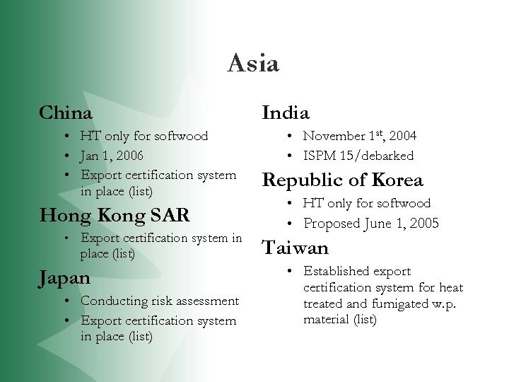 Asia China • HT only for softwood • Jan 1, 2006 • Export certification