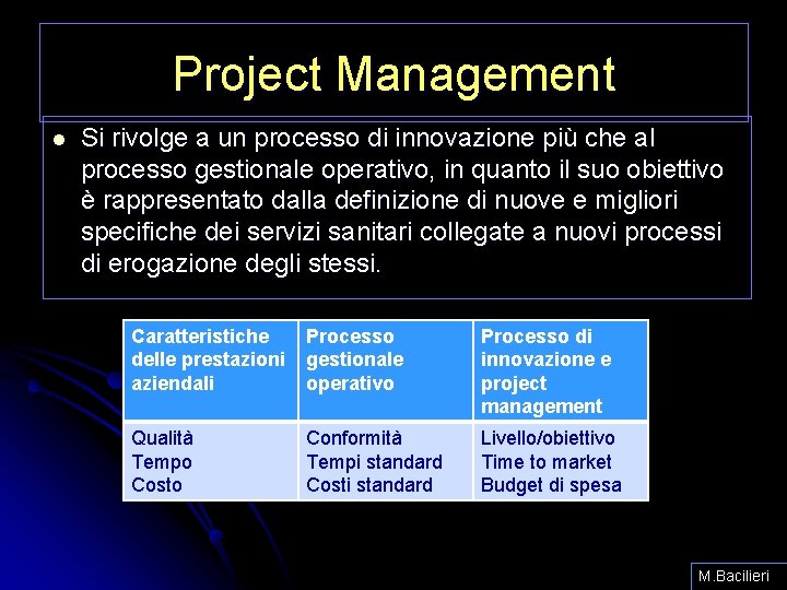 Project Management l Si rivolge a un processo di innovazione più che al processo