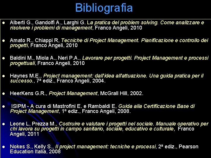 Bibliografia l Alberti G. , Gandolfi A. , Larghi G. La pratica del problem