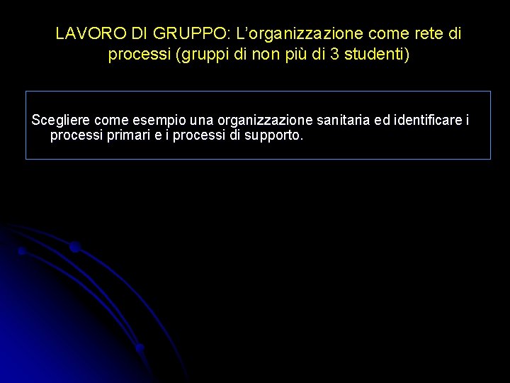 LAVORO DI GRUPPO: L’organizzazione come rete di processi (gruppi di non più di 3