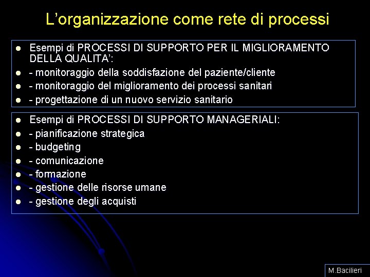 L’organizzazione come rete di processi l l l Esempi di PROCESSI DI SUPPORTO PER