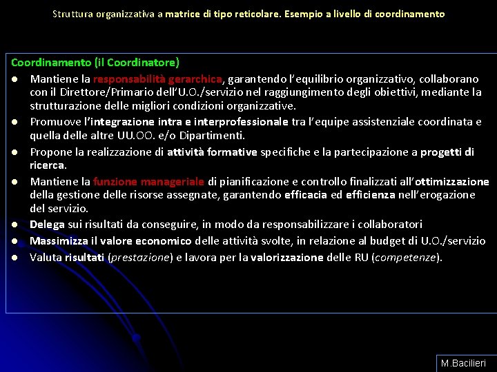 Struttura organizzativa a matrice di tipo reticolare. Esempio a livello di coordinamento Coordinamento (il