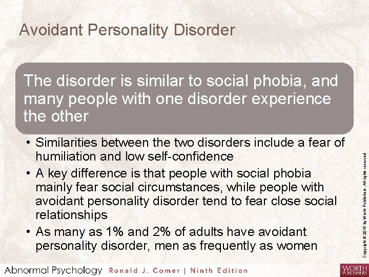 Avoidant Personality Disorder • Similarities between the two disorders include a fear of humiliation