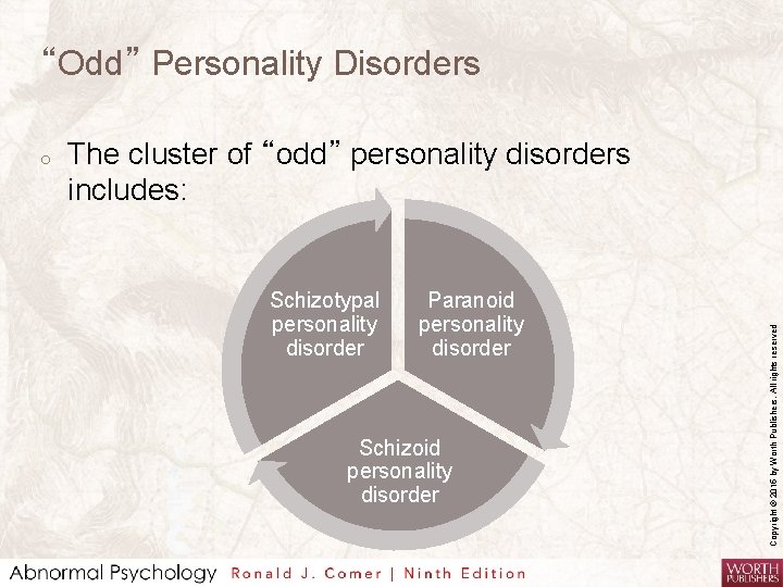 “Odd” Personality Disorders The cluster of “odd” personality disorders includes: Schizotypal personality disorder Paranoid