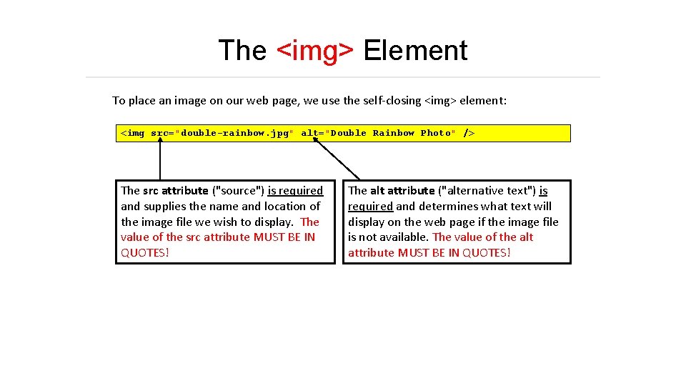 The <img> Element To place an image on our web page, we use the