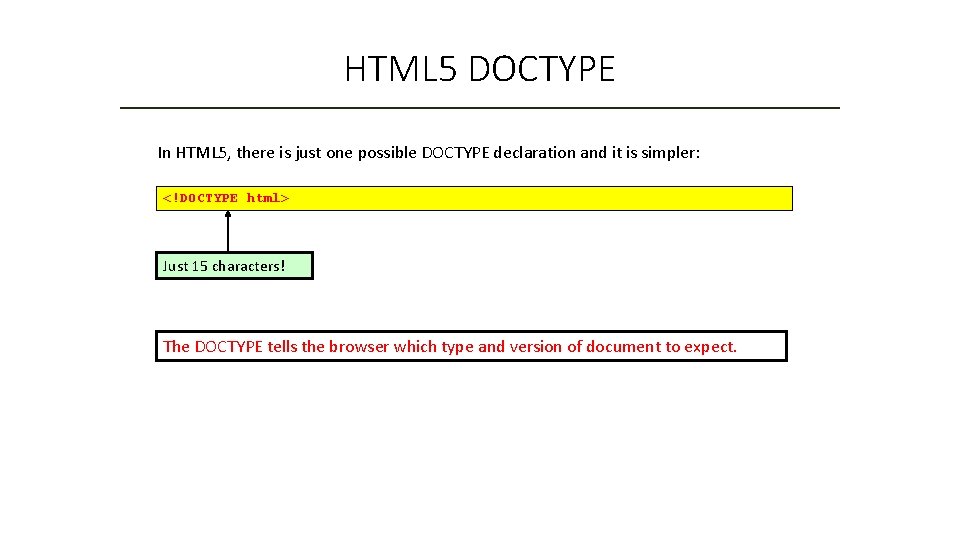 HTML 5 DOCTYPE In HTML 5, there is just one possible DOCTYPE declaration and