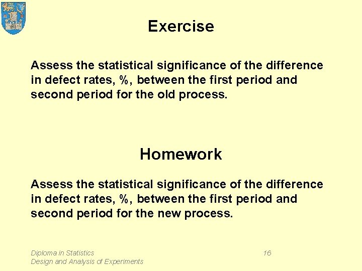Exercise Assess the statistical significance of the difference in defect rates, %, between the
