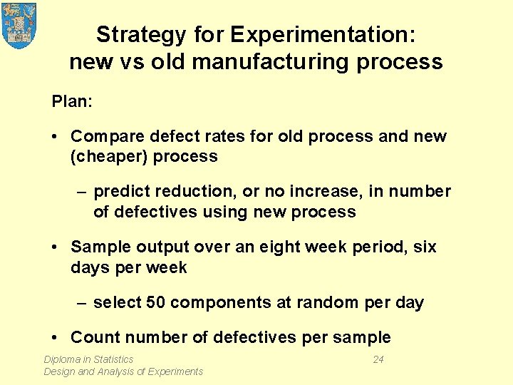 Strategy for Experimentation: new vs old manufacturing process Plan: • Compare defect rates for