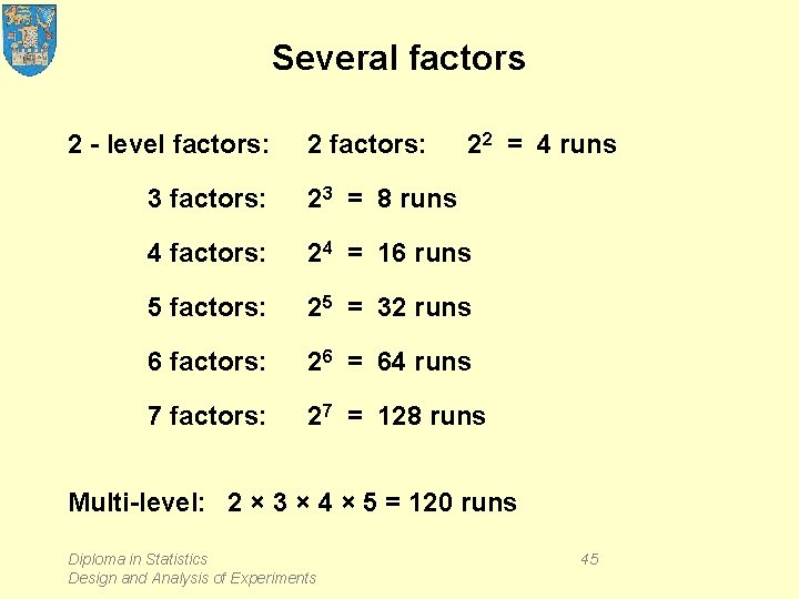 Several factors 2 - level factors: 22 = 4 runs 3 factors: 23 =
