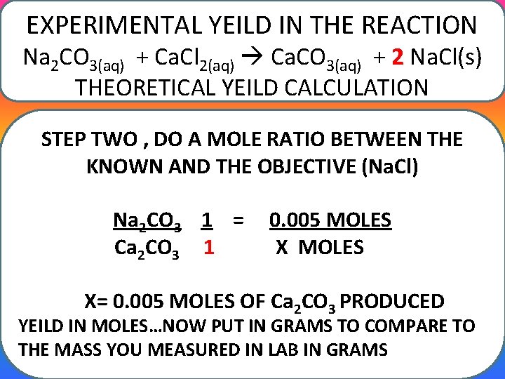 EXPERIMENTAL YEILD IN THE REACTION Na 2 CO 3(aq) + Ca. Cl 2(aq) Ca.