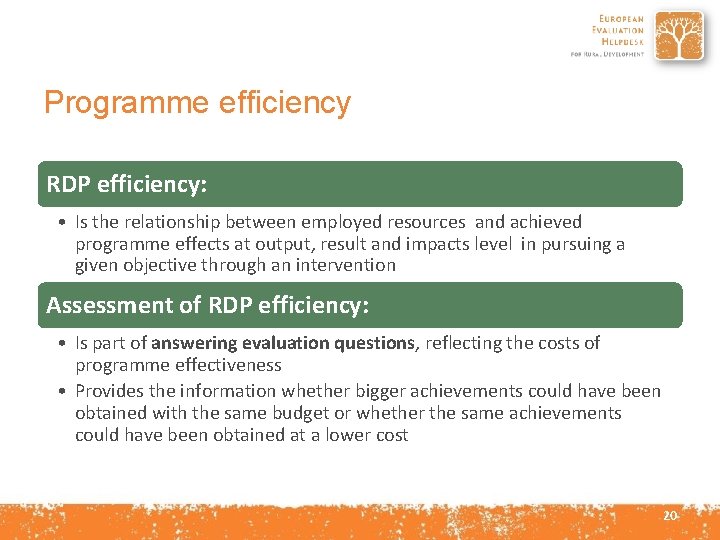 Programme efficiency RDP efficiency: • Is the relationship between employed resources and achieved programme