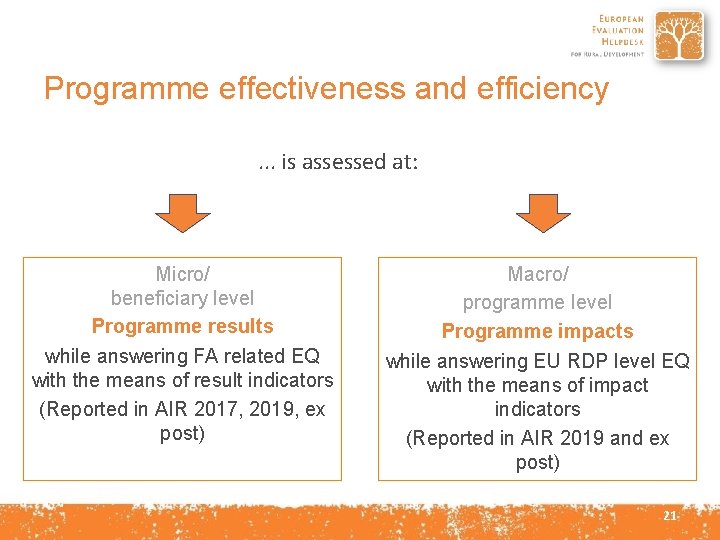 Programme effectiveness and efficiency. . . is assessed at: Micro/ beneficiary level Programme results