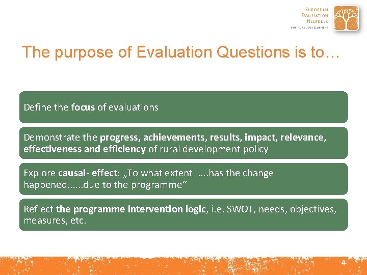 The purpose of Evaluation Questions is to… Define the focus of evaluations Demonstrate the
