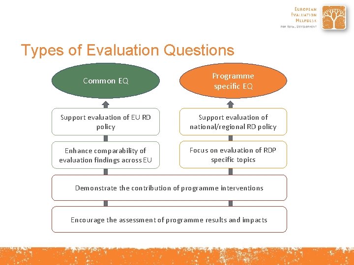 Types of Evaluation Questions Common EQ Programme specific EQ Support evaluation of EU RD