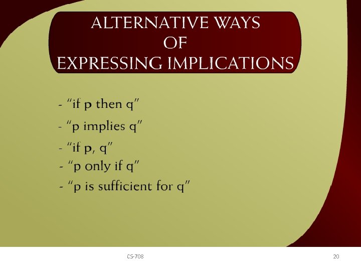 Alternative Ways of Expressing Implications – 10 CS-708 20 