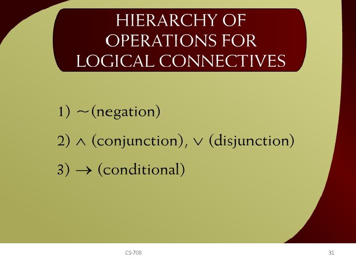 Hierarchy of Operations for Logical Connectives - 14 CS-708 31 