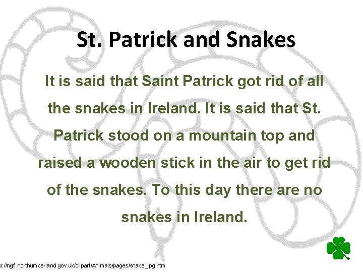 St. Patrick and Snakes It is said that Saint Patrick got rid of all
