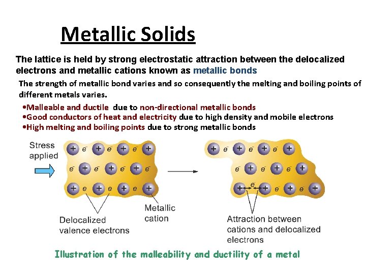  • Metallic Solids The lattice is held by strong electrostatic attraction between the