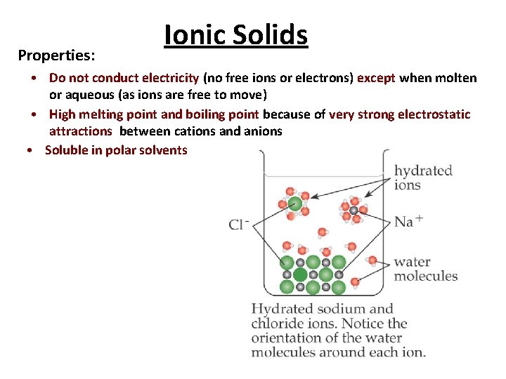 Properties: Ionic Solids • Do not conduct electricity (no free ions or electrons) except