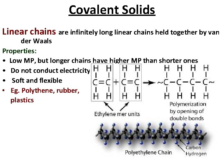 Covalent Solids Linear chains are infinitely long linear chains held together by van der