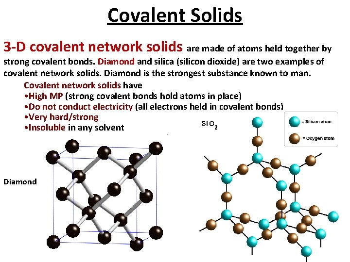 Covalent Solids 3 -D covalent network solids are made of atoms held together by