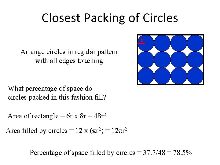 Closest Packing of Circles r Arrange circles in regular pattern with all edges touching