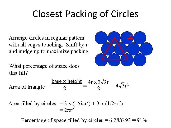 Closest Packing of Circles r Arrange circles in regular pattern with all edges touching.