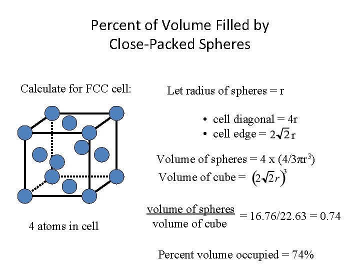 Percent of Volume Filled by Close-Packed Spheres Calculate for FCC cell: Let radius of