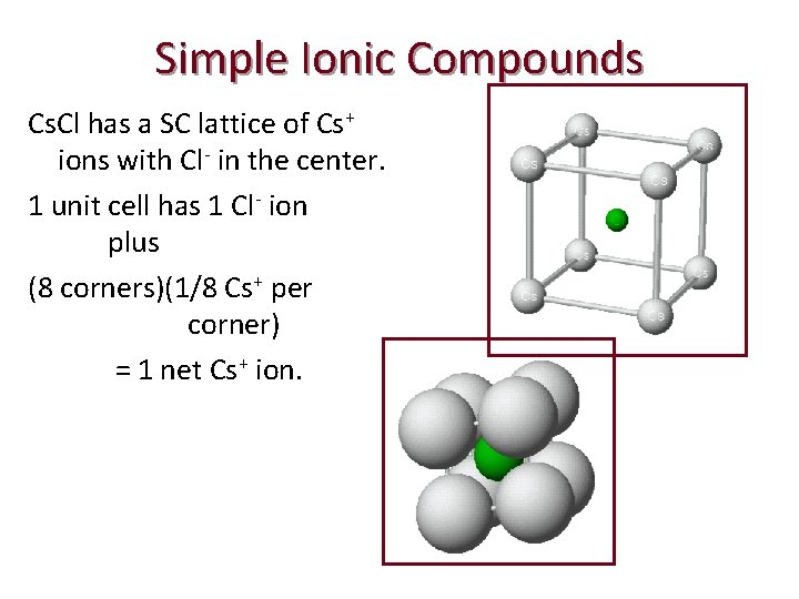 Simple Ionic Compounds Cs. Cl has a SC lattice of Cs+ ions with Cl-
