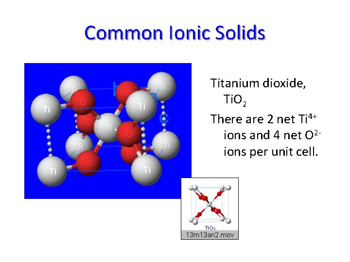 Common Ionic Solids Titanium dioxide, Ti. O 2 There are 2 net Ti 4+