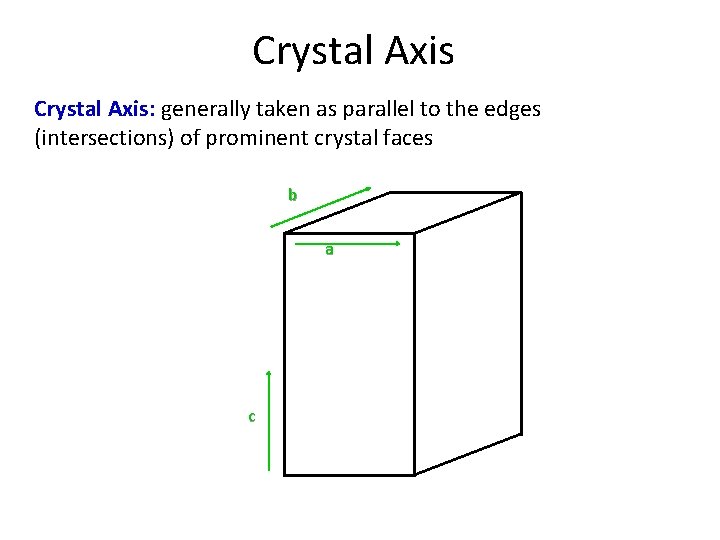 Crystal Axis: generally taken as parallel to the edges (intersections) of prominent crystal faces