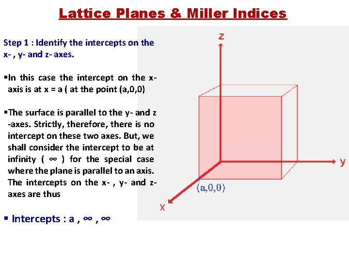 Lattice Planes & Miller Indices Step 1 : Identify the intercepts on the x-