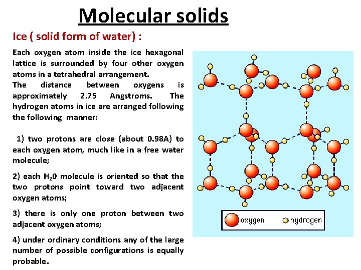 Molecular solids Ice ( solid form of water) : Each oxygen atom inside the
