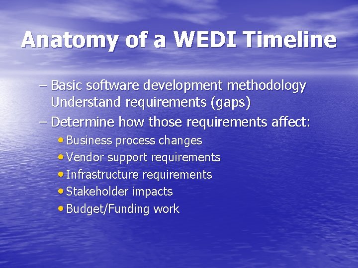 Anatomy of a WEDI Timeline – Basic software development methodology Understand requirements (gaps) – Anatomy of a WEDI Timeline – Basic software development methodology Understand requirements (gaps) –