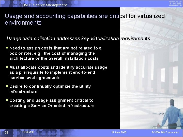 IBM IT Service Management Usage and accounting capabilities are critical for virtualized environments Usage