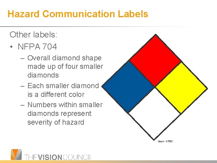 Hazard Communication Labels Other labels: • NFPA 704 – Overall diamond shape made up