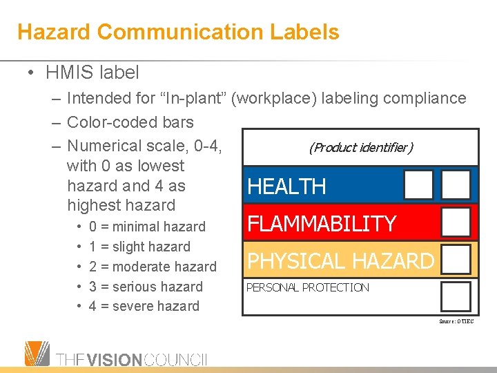 Hazard Communication Labels • HMIS label – Intended for “In-plant” (workplace) labeling compliance –