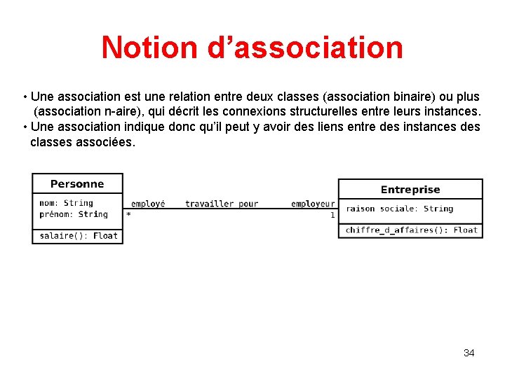 Notion d’association • Une association est une relation entre deux classes (association binaire) ou Notion d’association • Une association est une relation entre deux classes (association binaire) ou