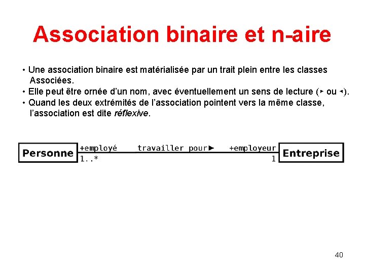 Association binaire et n-aire • Une association binaire est matérialisée par un trait plein Association binaire et n-aire • Une association binaire est matérialisée par un trait plein