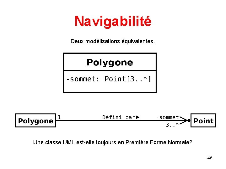 Navigabilité Deux modélisations équivalentes. Une classe UML est-elle toujours en Première Forme Normale? 46 Navigabilité Deux modélisations équivalentes. Une classe UML est-elle toujours en Première Forme Normale? 46