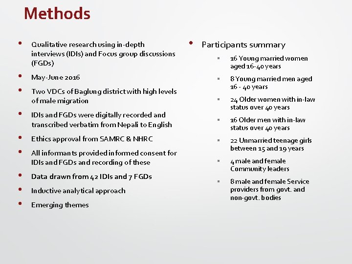 Methods • Qualitative research using in-depth interviews (IDIs) and Focus group discussions (FGDs) •