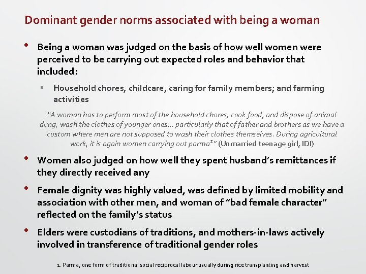 Dominant gender norms associated with being a woman • Being a woman was judged