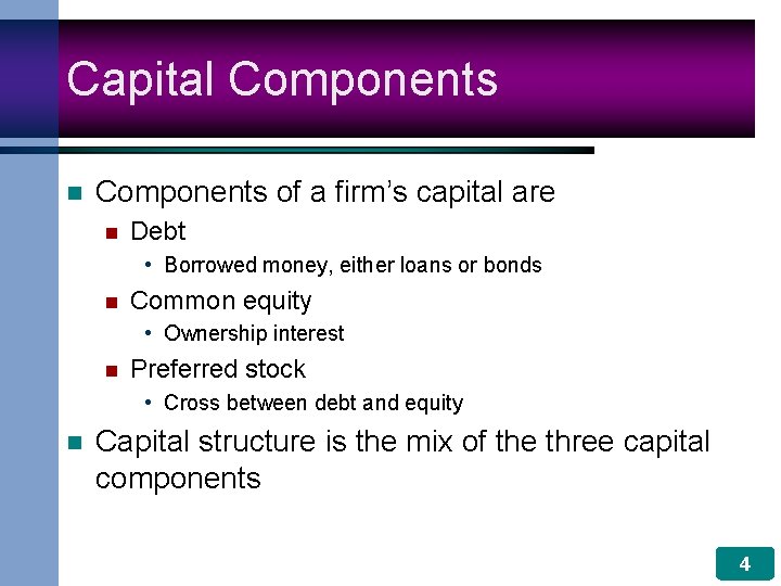 Capital Components n Components of a firm’s capital are n Debt • Borrowed money,