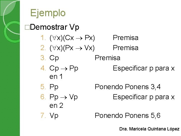 Ejemplo �Demostrar Vp ( x)(Cx Px) Premisa ( x)(Px Vx) Premisa Cp Pp Especificar