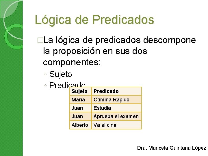 Lógica de Predicados �La lógica de predicados descompone la proposición en sus dos componentes: