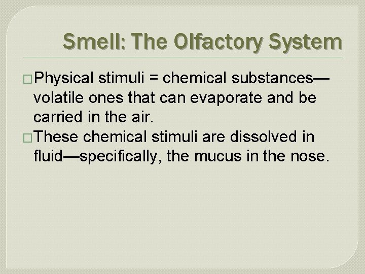 Smell: The Olfactory System �Physical stimuli = chemical substances— volatile ones that can evaporate