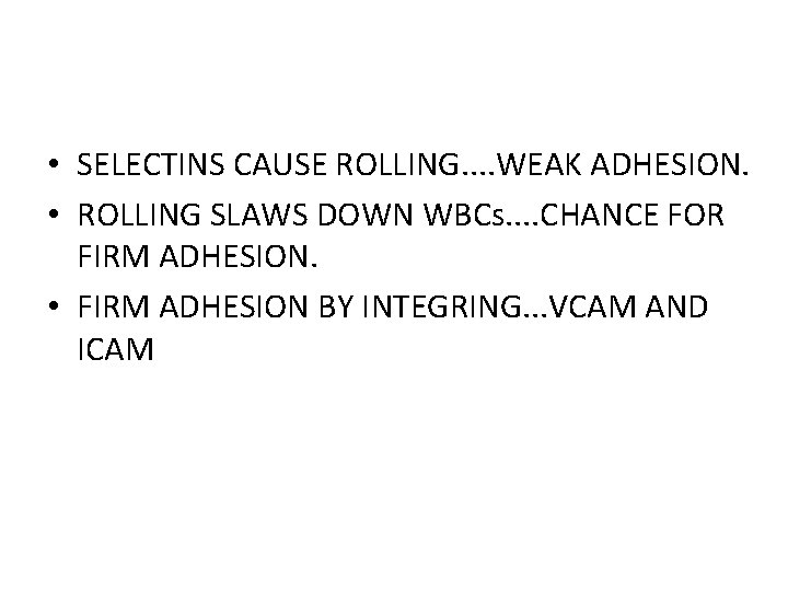  • SELECTINS CAUSE ROLLING. . WEAK ADHESION. • ROLLING SLAWS DOWN WBCs. .