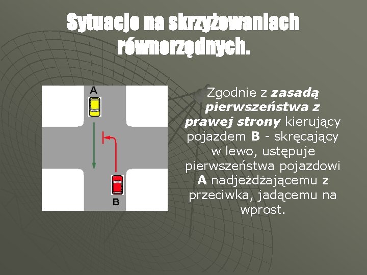 Sytuacje na skrzyżowaniach równorzędnych. Zgodnie z zasadą pierwszeństwa z prawej strony kierujący pojazdem B